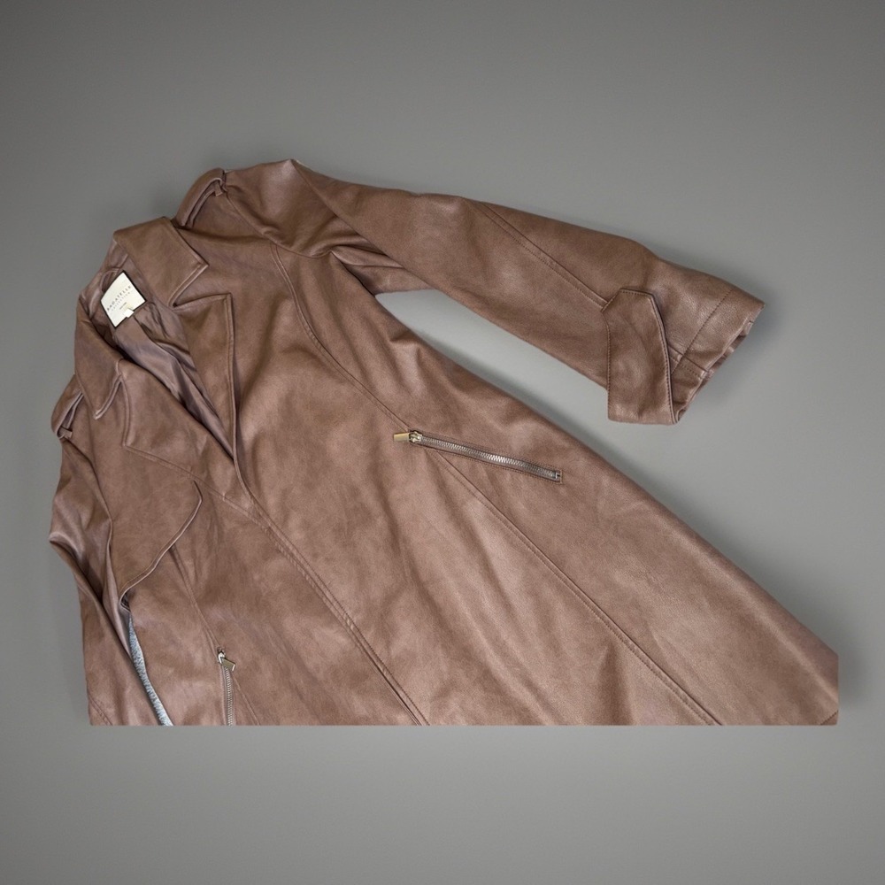 NWOT Bagatelle Brown Faux Leather Long Moto Jacket Zip Pockets Women's Size XL - Picture 2 of 13